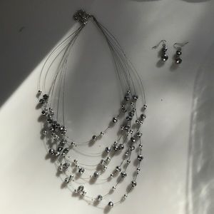 INC Multi layered silver necklace w/ earrings